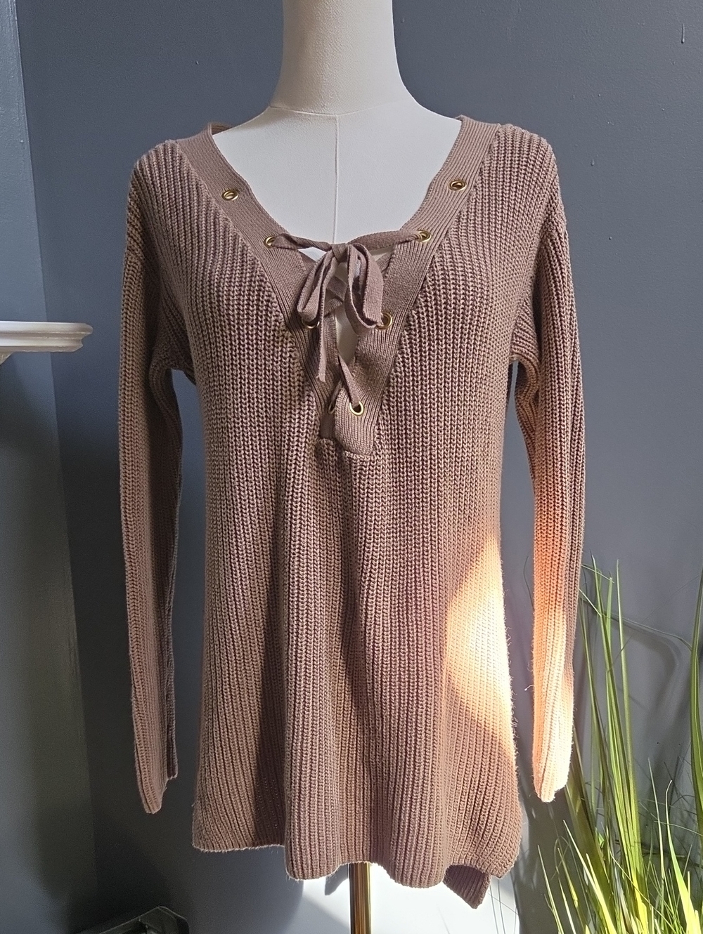 Guess Taupe Lace-Up V-Neck Knit Sweater